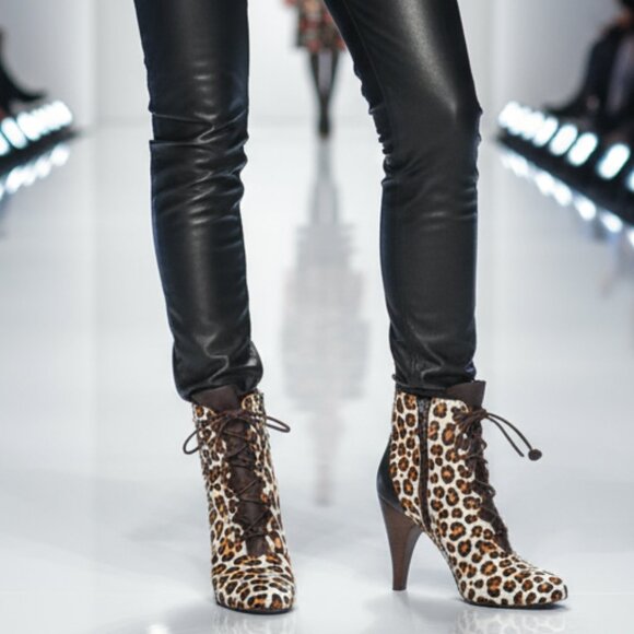 Calf Hair Leopard Print Leather Heeled Booties Ankle Boots Laces Zipper size 6 - Picture 1 of 16